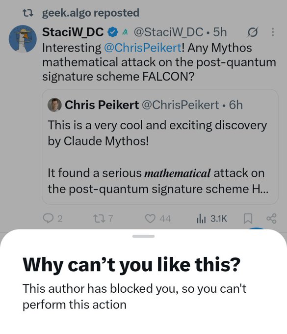 A screenshot of a X post by StaciW_DC reposted by geek.algo asking Chris Peikert about a mathematical attack on the post-quantum signature scheme FALCON, with a popup at the bottom showing "Why can't you like this? This author has blocked you, so you can't perform this action."