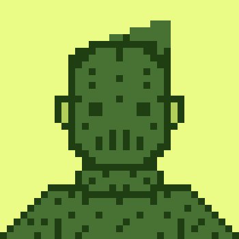 A minimalist pixel art illustration of a green, zombie-like figure with hollow black eyes and an open mouth against a pale yellow background.