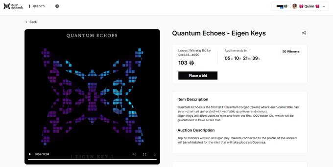 X Network quests page showing an auction for 'Quantum Echoes - Eigen Keys' with a current bid of 103 and an auction countdown of 5 days, 10 hours, 21 minutes.