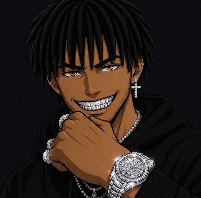 An anime-style illustration of a dark-skinned young man with dreadlocks, showing off a diamond-encrusted smile, a large diamond watch, cross earring, and matching rings and chains against a dark background.