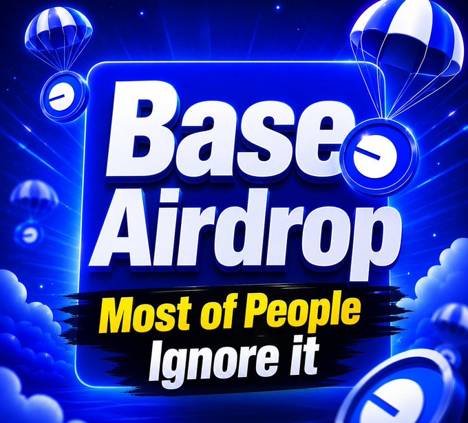 The image shows a blue background with white text that reads "Base Airdrop Most of People Ignore It". The text is positioned above a group of blue parachutes floating in the air, which are scattered throughout the scene. This visual representation emphasizes the contrast between the ignored content and the attention-grabbing parachutes, creating an interesting juxtaposition to convey the message about Base Airdrop.