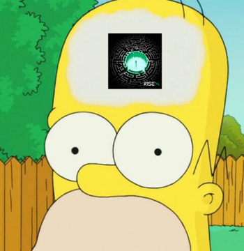 A cartoon image of Homer Simpson with a black square featuring a green circular logo/KOJEM design placed over his forehead.