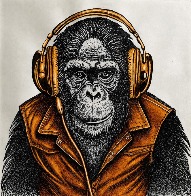 The image features a monkey wearing headphones, with an orange jacket over its body. The monkey appears to be listening to music or engaging in a conversation through the headphones. The caption "#TEZOSTUESDAY" suggests that this image might be related to a social media post or event happening on Tezostuesday.