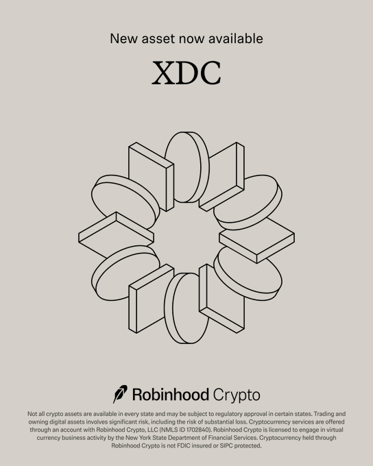 Robinhood Crypto advertisement on a beige background announcing "New asset now available XDC," featuring a geometric 3D line-art logo and regulatory disclaimer text.