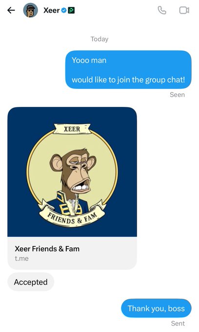 A Telegram chat screenshot shows a message requesting to join a group called 'Xeer Friends & Fam,' which was accepted, with the user responding 'Thank you, boss.'