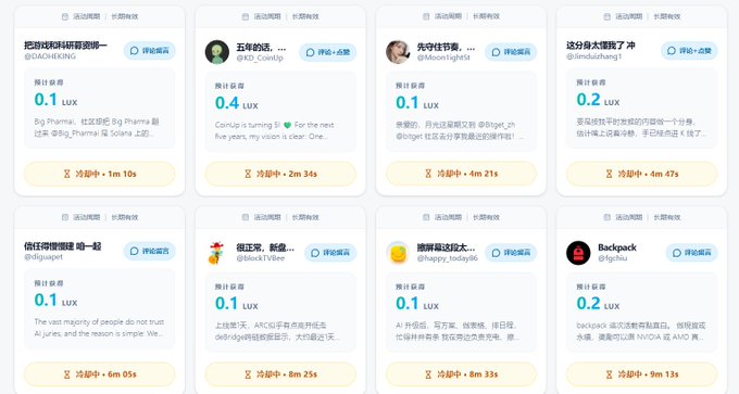 A Chinese-language web interface displaying long-term prediction rankings from various influencers, all showing low LUX estimated scores with countdown timers.