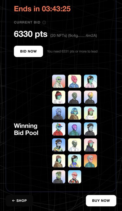 An NFT auction screen showing a current bid of 6330 pts for 20 NFTs, with a winning bid pool of alien character avatars displayed.