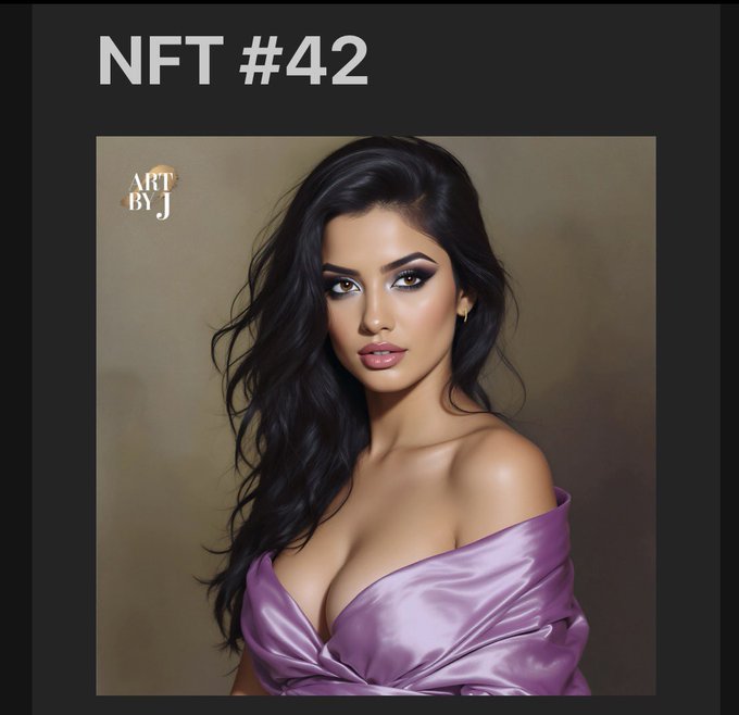 A digital portrait labeled 'NFT #42' featuring a woman with long dark hair wearing a pink satin off-shoulder top, signed 'ART BY J'.
