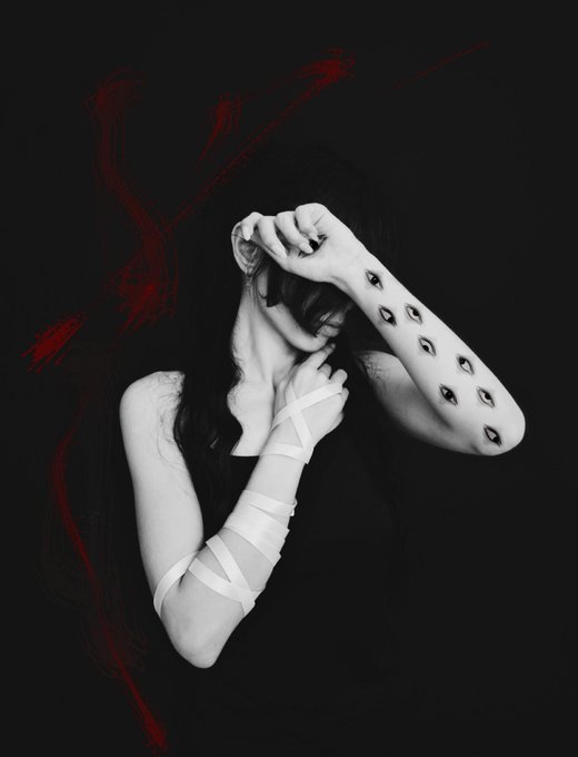 A monochromatic artwork titled "Whisper of Silence" features a haunting figure with multiple eyes running down their forearm, their face partially obscured as they wrap their arm with white bandages against a stark black background accented with red brushstrokes. The surreal, unsettling imagery evokes themes of hidden suffering and quiet pain, perfectly embodying the artwork's evocative title.