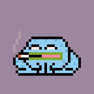 Pixel art of a blue, blob-like creature with a half-closed, deadpan expression, smoking a cigarette, set against a lavender background.