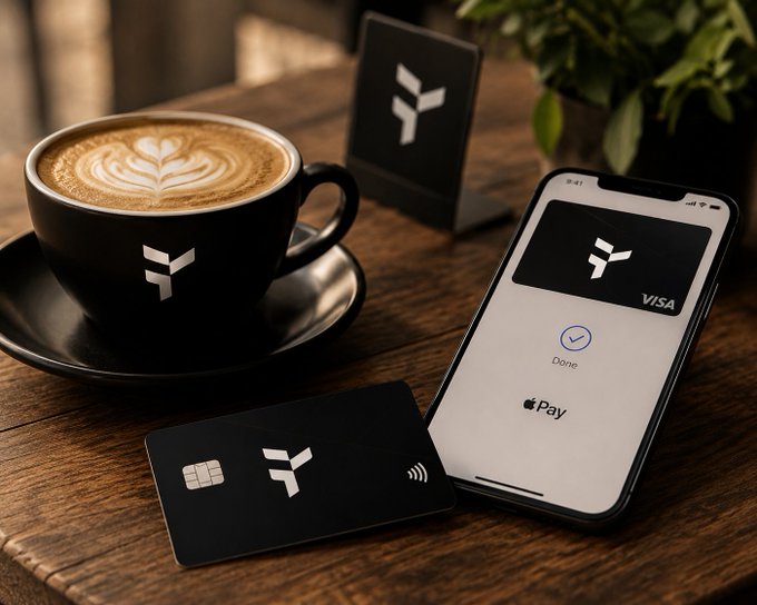 A black cappuccino with latte art sits on a wooden table alongside a branded black Visa card and a smartphone displaying an Apple Pay 'Done' confirmation screen, all featuring the same geometric logo.
