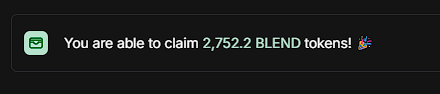 A dark screen displaying a notification or message that reads 'You are able to claim 2,752.2 BLEND tokens!' next to a green token icon and a celebration emoji.