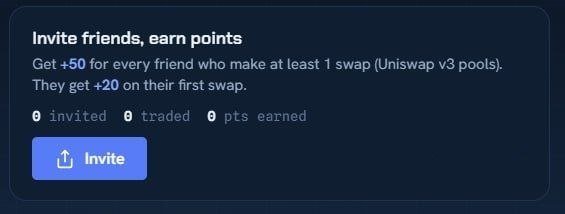 A referral program interface titled "Invite friends, earn points" offering +50 points for each friend who completes at least 1 swap (Uniswap v3 pools) and +20 points for their first swap, with current stats showing 0 invited, 0 traded, and 0 points earned. This relates to the post by @ArcDEXScan, which discusses the project's Pre-season points program ending and transitioning into Season 1 with upcoming tokenomics and airdrop announcements.