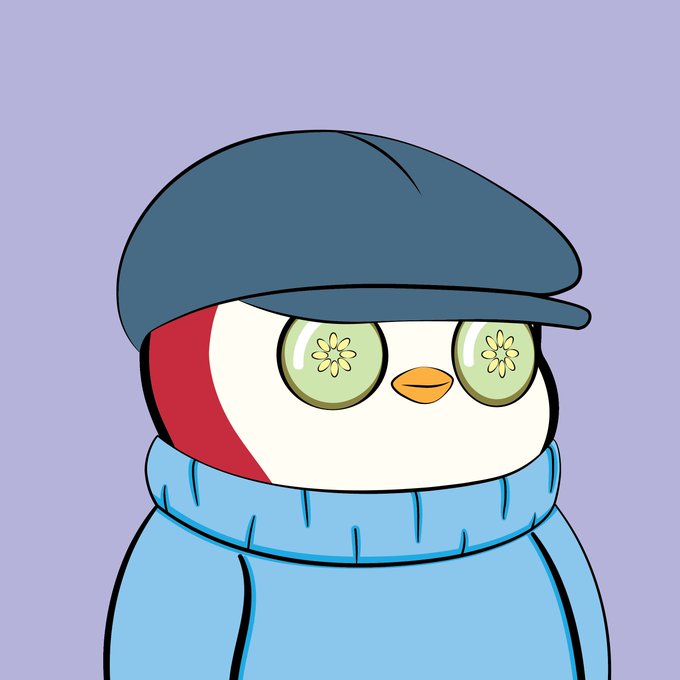 A cartoon penguin character wearing a blue cap and blue sweater, featuring large green eyes with flower patterns in the pupils.