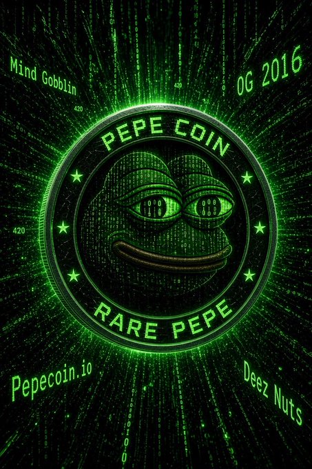 A green-themed digital artwork of a 'PEPE COIN' featuring the Rare Pepe frog meme surrounded by matrix-style binary code and text including 'Mind Gobblin', 'OG 2016', 'Pepecoin.io', and 'Deez Nuts'.