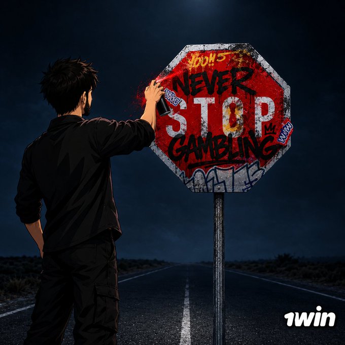 An illustration of a man spray-painting a stop sign to read 'NEVER STOP GAMBLING' with the '1win' logo in the corner.