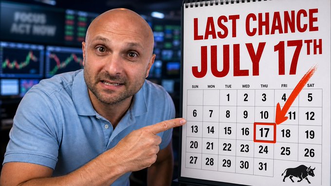 A man points urgently at a calendar highlighting "LAST CHANCE JULY 17TH," reinforcing the post's urgent deadline for the Clarity Act field hearing before the August 7th legislative window closes.
