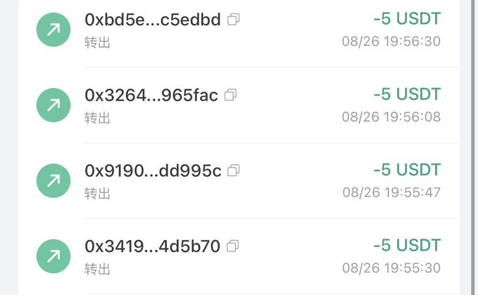 A cryptocurrency transaction history shows four outgoing USDT transfers of 5 USDT each to different wallet addresses (0xbd5e...c5edbd, 0x3264...965fac, 0x9190...dd995c, 0x3419...4d5b70), all sent on 08/26 between 19:55:30 and 19:56:30, likely corresponding to the rewards being distributed as mentioned in the post.