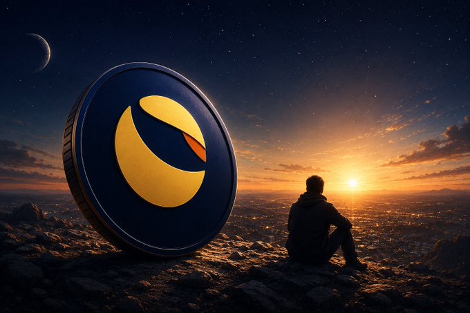 A lone figure sits on a rocky ridge at sunset beside a giant LUNC coin, gazing over a vast city as the sky transitions from golden dusk to starry night with a crescent moon overhead. The image visually reinforces the post's message of steadfast conviction—depicting a steadfast holder remaining loyal to their crypto position while others move on.