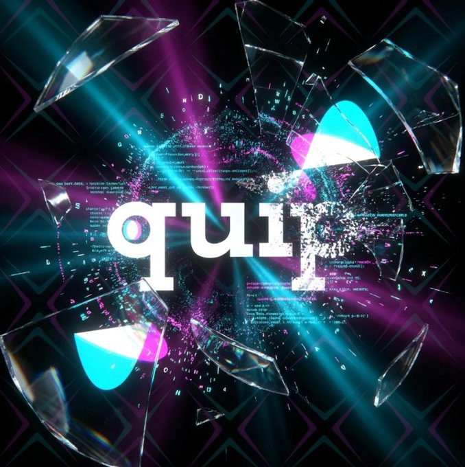 A digital graphic featuring shattered glass-like shards and code text surrounding the word 'quit' in bold white letters against a dark background with cyan and magenta lighting.