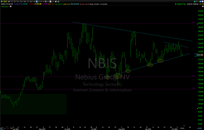A stock chart of Nebius Group NV (ticker: NBIS) showing a symmetrical triangle pattern with price currently around $221.