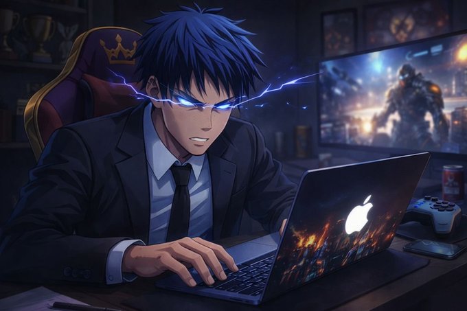 An anime-style illustration of a blue-haired man in a suit with glowing blue lightning effects coming from his eyes, intensely typing on an Apple laptop displaying a fiery battle scene.