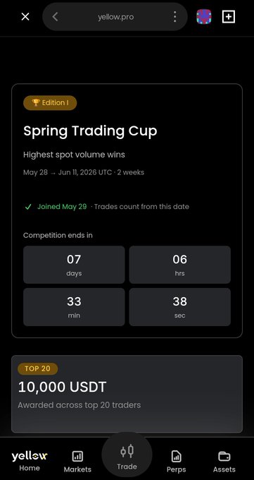 The image shows a phone screen with information about an upcoming Spring Trading Cup event that has just ended. The screen displays details such as the contest's final rank, the total number of participants, and the average daily volume during the contest period. The post also includes text describing how to enter the contest and what is required to achieve a spot in the leaderboard.