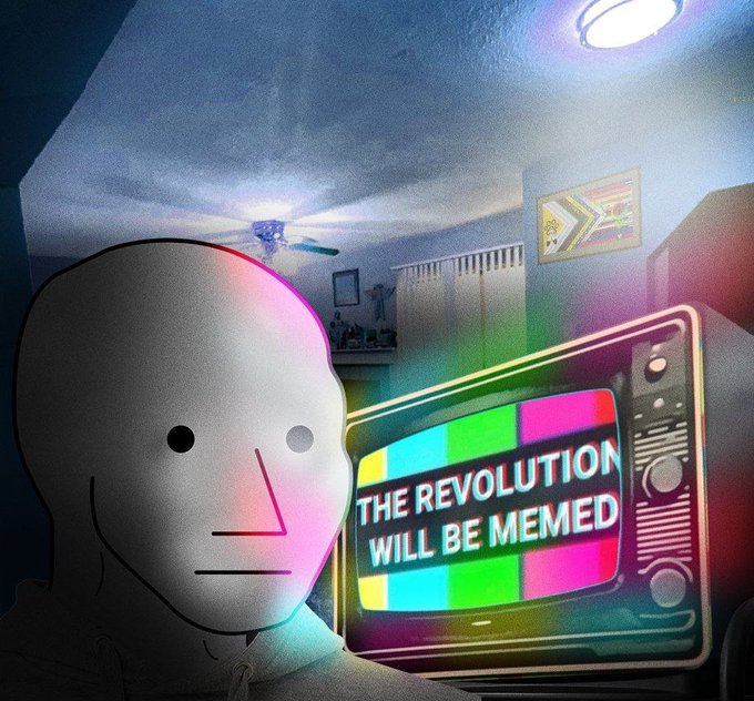 The image depicts the NPC meme character with a blank expression, bathed in pink and blue light, staring at a retro CRT television displaying the text "THE REVOLUTION WILL BE MEMED" in color bars. The scene ties into the post's "The revolution is $NPC" by humorously suggesting the NPC meme itself is the driving force behind a meme-based financial or cultural revolution.