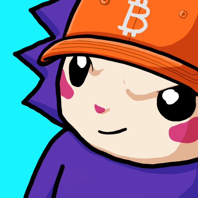 A cartoon character with purple hair wears an orange cap featuring the Bitcoin "₿" logo, set against a cyan background. The image visually reinforces the "GM" (good morning) crypto post by pairing a cheerful, stylized character with Bitcoin iconography to convey optimism in the crypto space.