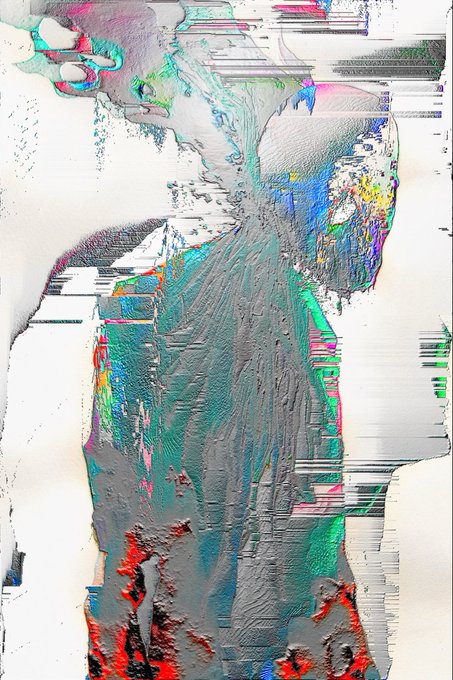A heavily distorted and glitched image shows a person's silhouette and face covered in thick, colorful paint strokes of blue, green, white, and red against a textured white background.