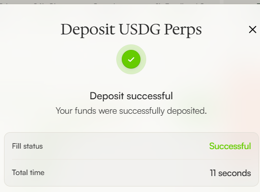 A screenshot showing a successful deposit confirmation for USDG Perps, with a total time of 11 seconds.