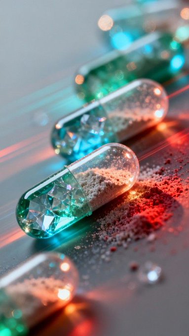 A close-up artistic image of transparent capsules filled with crystalline blue/teal substances and powder, with red and orange lighting creating dramatic reflections on the surface.