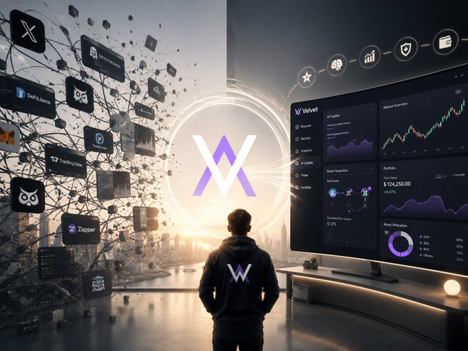 A digital illustration shows a person in a hoodie looking at a large screen displaying the Velvet crypto trading dashboard, surrounded by floating app icons like DefiLlama, TradyView, and Zapper, with a glowing "V" logo in the background.