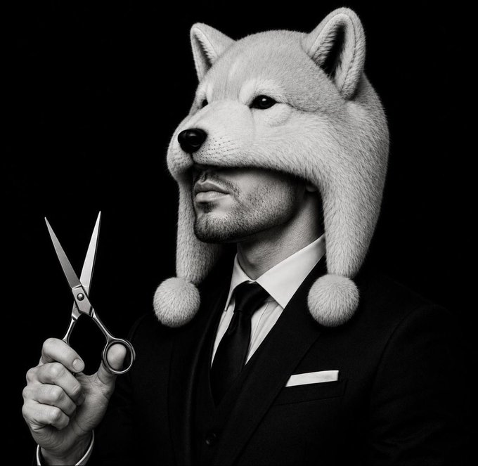 A man in a sharp black suit wears a wolf hat and holds scissors, echoing the “$100m” goal and “awoo” theme in the accompanying crypto-community post.