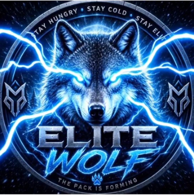 A duplicate of the 'ELITE WOLF' logo featuring a wolf's head with electric blue lightning effects and the text 'STAY HUNGRY • STAY COLD • STAY ELITE' and 'THE PACK IS FORMING'.