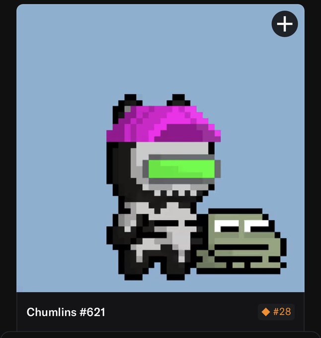 Pixel art NFT character named 'Chumlins #621' (priced at #28) featuring a figure in a pink hat with a green visor alongside a green creature.