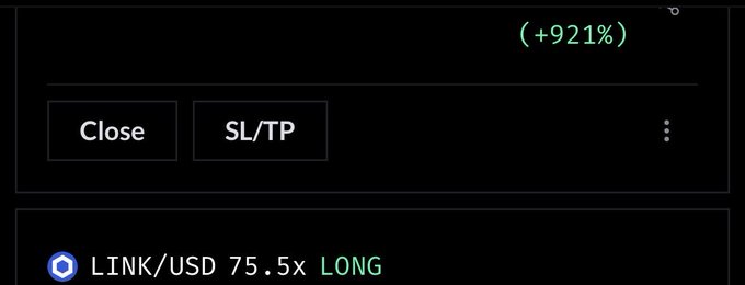 The image shows a trading position with a "+921%" gain, labeled as "LINK/USD 75.5x LONG," supporting the post's claim that "$LINK is king" by showcasing a massive leveraged long position profit on Chainlink.