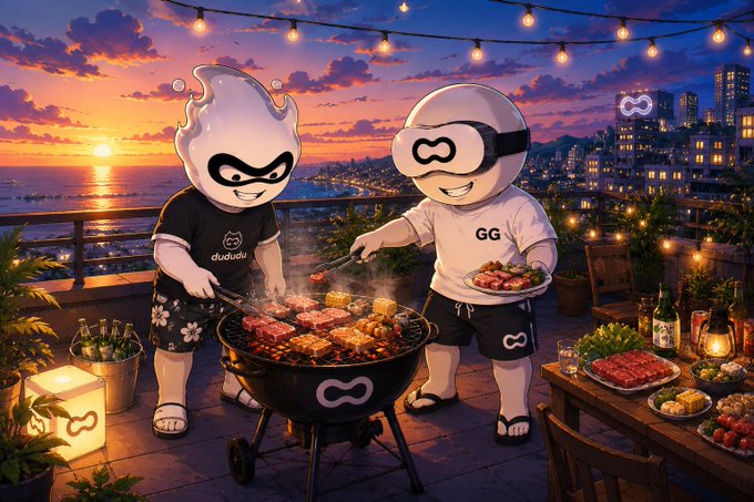Two cartoon mascot characters—one with a flame-like head wearing a "dududu" shirt and the other in a VR headset wearing a "GG" shirt—grill meat and vegetables on a rooftop at sunset. String lights hang overhead, and the "GG" infinity-style logo appears on the grill, a lantern, and a distant building sign.