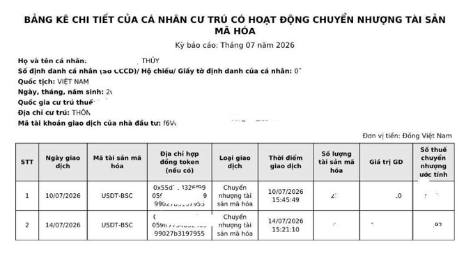 A Vietnamese tax form titled 'BẢNG KÊ CHI TIẾT CỦA CÁ NHÂN CƯ TRÚ CÓ HOẠT ĐỘNG CHUYỂN NHƯỢNG TÀI SẢN MÃ HÓA' details USDT-BSC cryptocurrency transfers for July 2026.