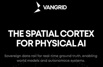 A black promotional image for VanGrid with white text reading 'THE SPATIAL CORTEX FOR PHYSICAL AI' and a tagline about sovereign data rail for real-time ground truth.