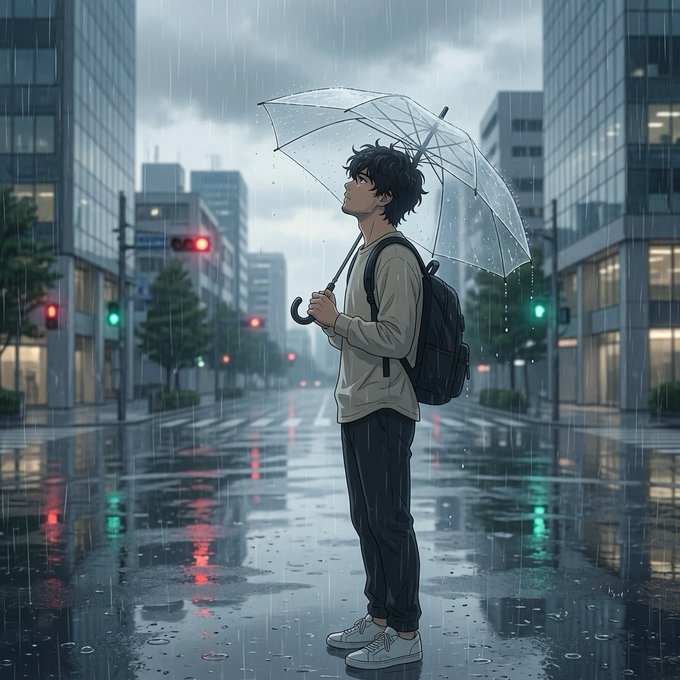 An anime-style illustration of a young man with a backpack holding a transparent umbrella while standing on a rain-soaked city street, gazing upward at the cloudy sky.