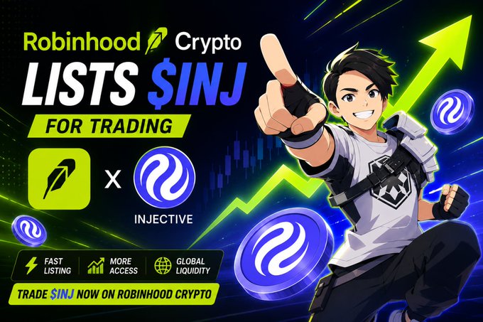 A promotional graphic for Robinhood Crypto announcing that it 'LISTS $INJ FOR TRADING' in partnership with Injective, featuring an anime-style character pointing upward, a green rising chart, and Injective logos.