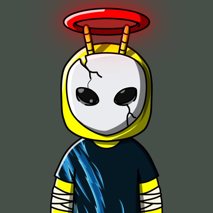Digital artwork of a cartoon character wearing a cracked white alien-style mask, yellow hood with two antennae, a red glowing halo, and a dark blue t-shirt with yellow lightning bolts on a dark green background.
