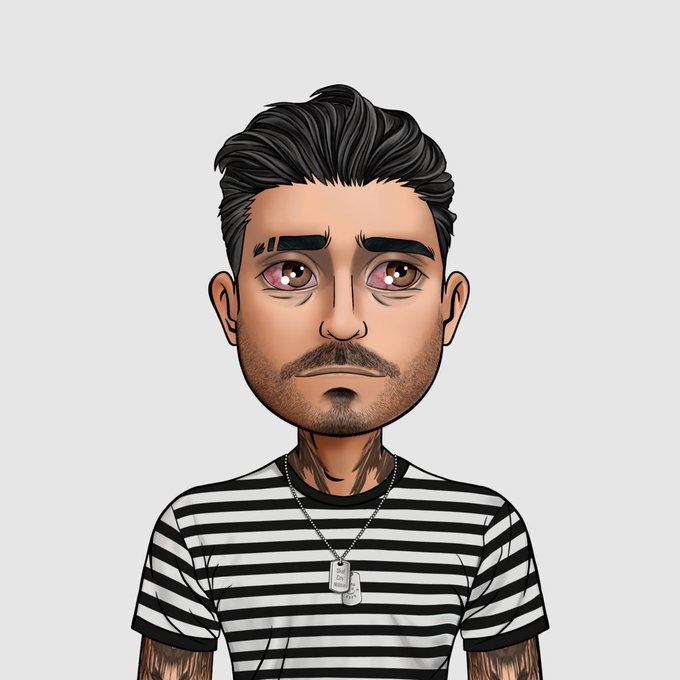 A cartoon-style digital portrait of a man with dark hair, a short beard, and red-rimmed eyes wearing a black-and-white striped shirt and dog tag necklaces, with no visible text in the image itself. The illustration appears to serve as the avatar or character mascot for the "Skid of the Day #3982" post dated August 01, 2026, fitting the edgy, street-art aesthetic of the caption "We the people."