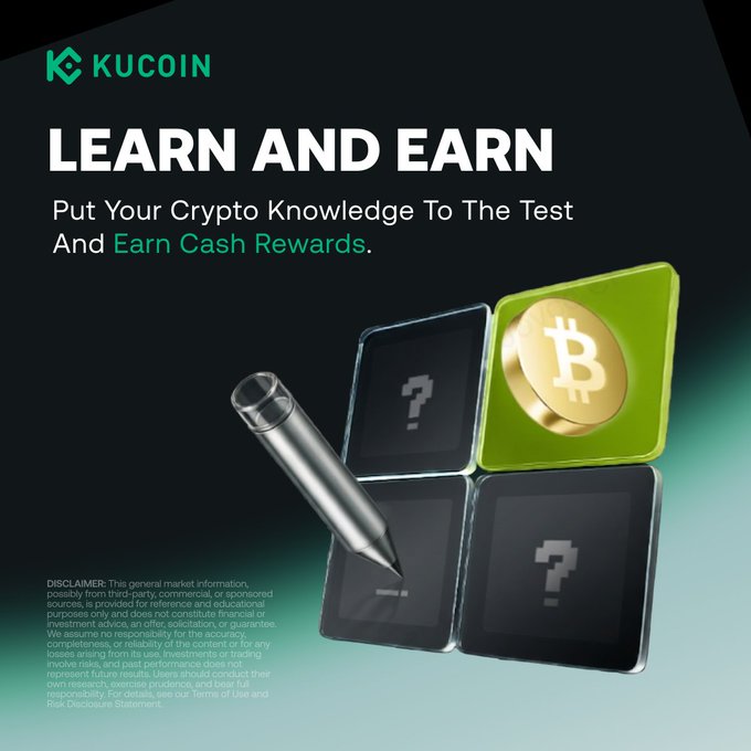 A KuCoin promotional graphic featuring the KuCoin logo, the headline "LEARN AND EARN," and the tagline "Put Your Crypto Knowledge To The Test And Earn Cash Rewards," accompanied by an image of a pen, question-mark blocks, and a Bitcoin coin—visually reinforcing the "Learn & Earn" crypto quiz and reward program advertised in the post.