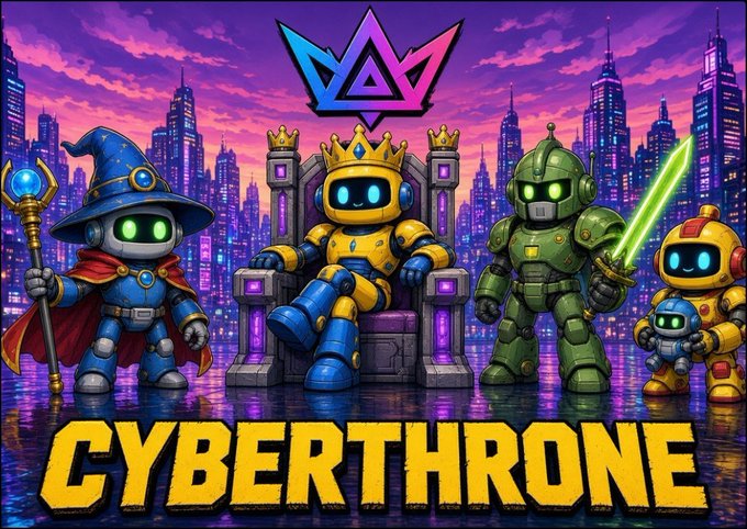 Vibrant cartoon-style artwork titled "CYBERTHRONE" featuring four robotic characters (a wizard, a king on a throne, a knight with a sword, and smaller bots) against a neon city skyline at sunset.