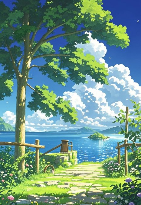 A vibrant anime-style illustration of a serene coastal scene with a large tree, stone path, ocean view, and fluffy clouds in a bright blue sky.