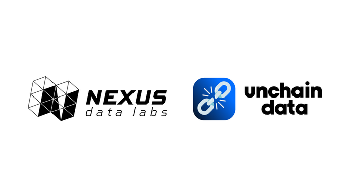 Logos for "NEXUS data labs" (featuring a geometric hexagonal design) and "unchain data" (featuring a blue app icon with a chain link) displayed side by side.