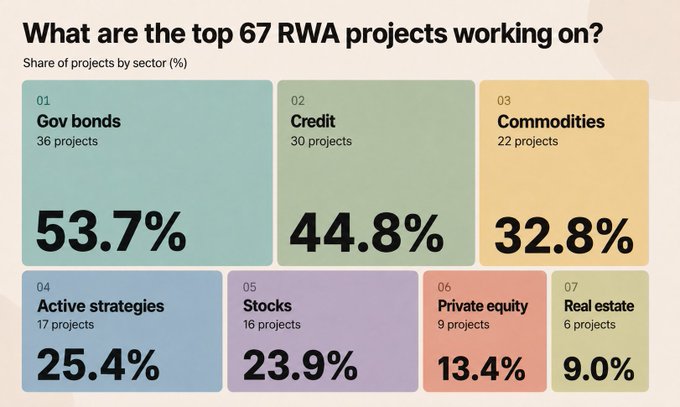 The main focus of the image is a table, which displays various information about RWA projects being worked on by sector (finance). The table shows that a total of 67 projects are identified as top RWA projects, with 53% being government bonds and 34% being credit and commodities data. It also indicates that tokenized projects account for one-sixth of the entire collection of projects.