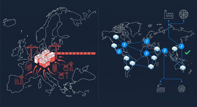 The image contrasts two approaches to data infrastructure: on the left, a map of Europe shows centralized energy demand with cranes, power lines, and shipping containers clustered around fossil fuel infrastructure (representing traditional data centers), while on the right, a world map displays a distributed network of Filecoin nodes (marked with "f" logos) connected across continents with factory, AI, and neural network icons—visually reinforcing how Filecoin's decentralized storage network avoids the massive concentrated energy loads required by conventional data centers in places like Ohio.